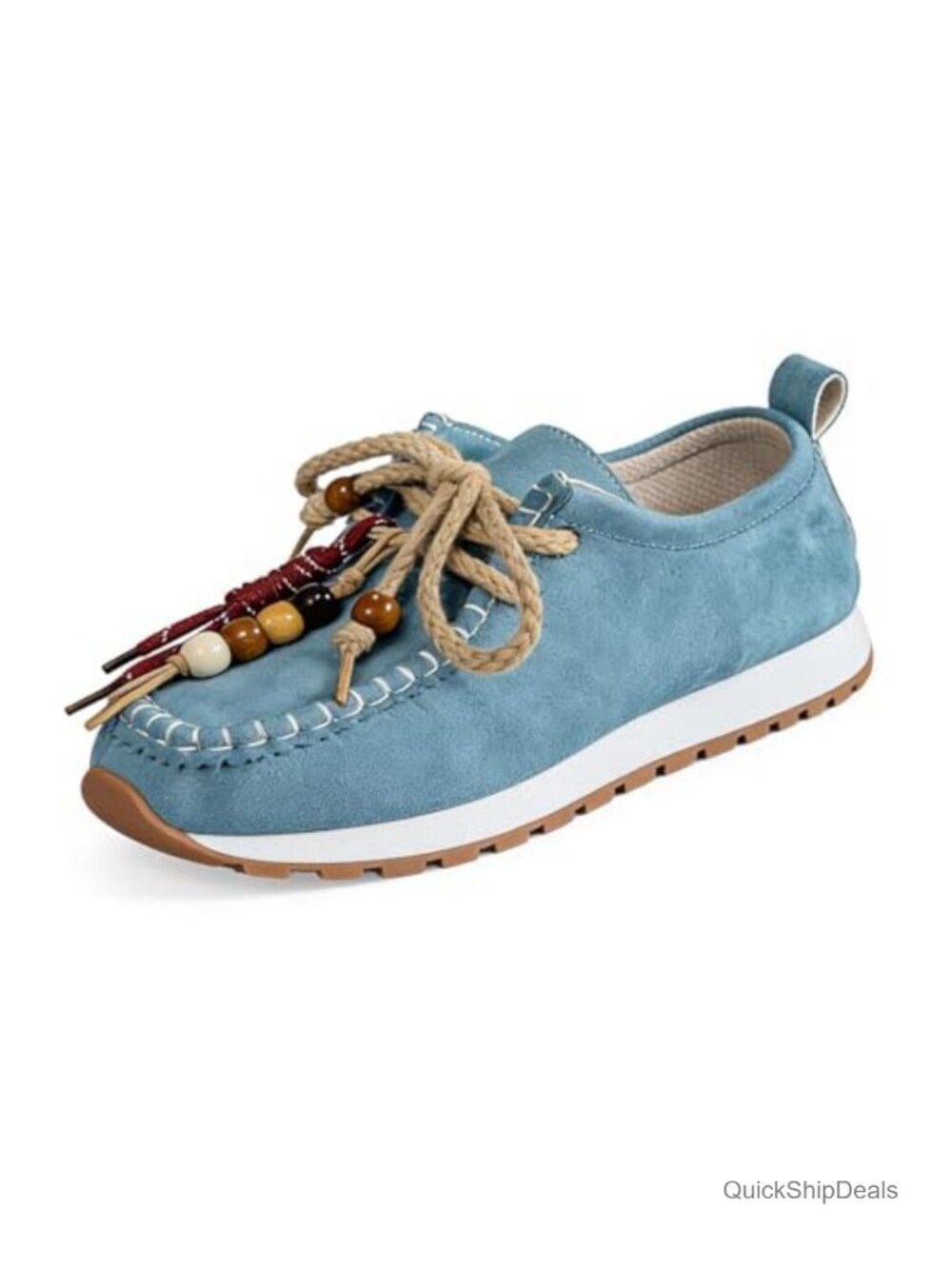 Suede Platform Loafers Boho Beaded Round Toe Slip On Comfortable Walking Shoes